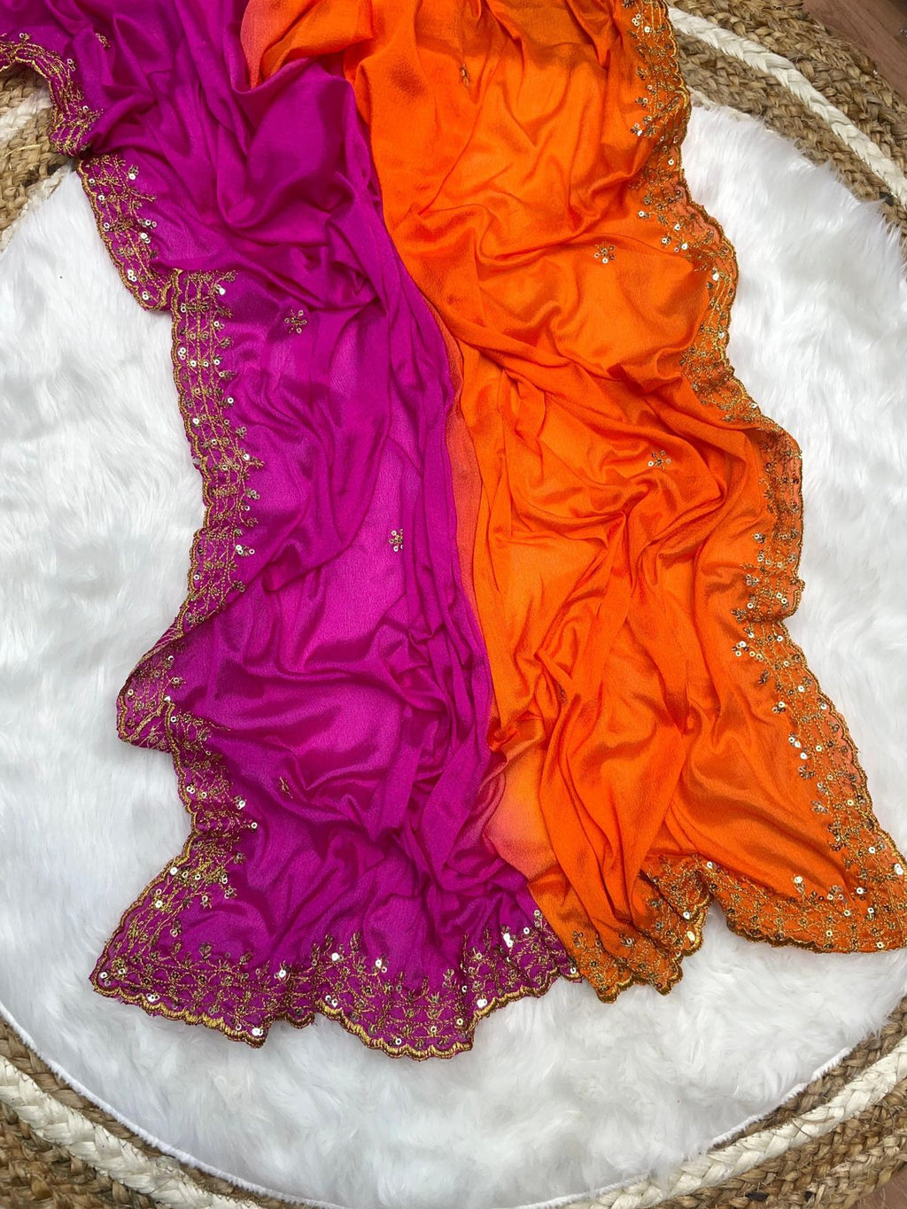 "Orange and Pink Soft Hand-Dyed Chinnon Saree with Heavy Embroidery, Sequence, and Jari Work"