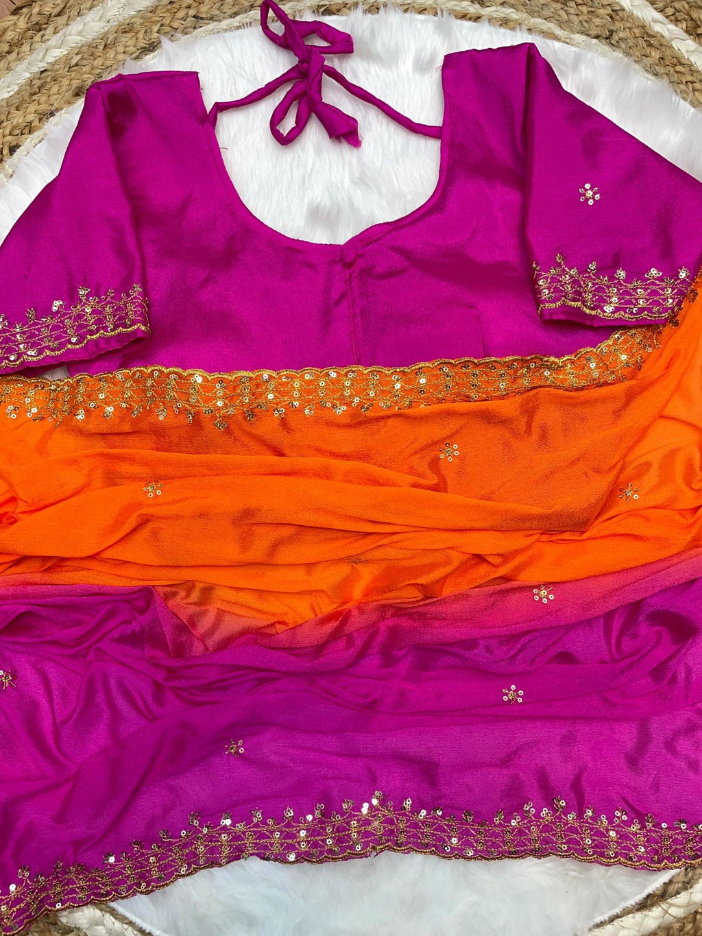 "Orange and Pink Soft Hand-Dyed Chinnon Saree with Heavy Embroidery, Sequence, and Jari Work"