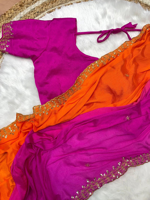 "Orange and Pink Soft Hand-Dyed Chinnon Saree with Heavy Embroidery, Sequence, and Jari Work"