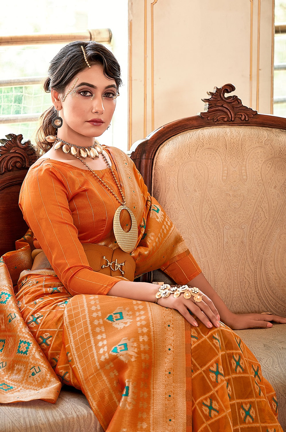 Orange Color Weaving Work Organza Saree