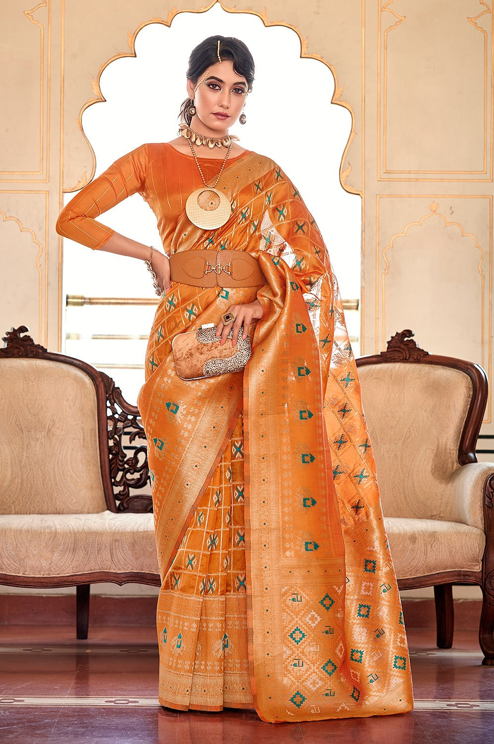 Orange Color Weaving Work Organza Saree