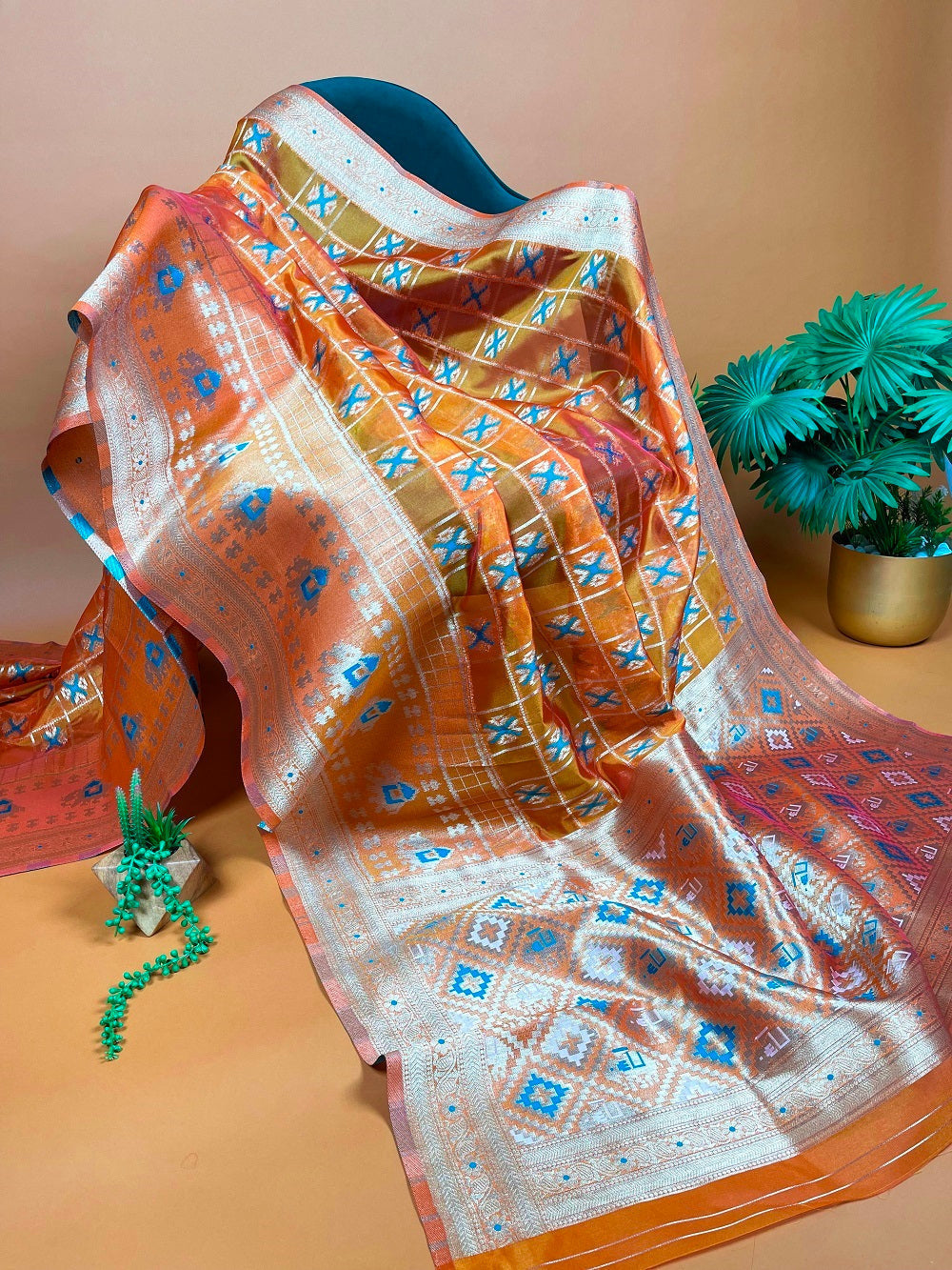 Orange Color Weaving Work Organza Saree