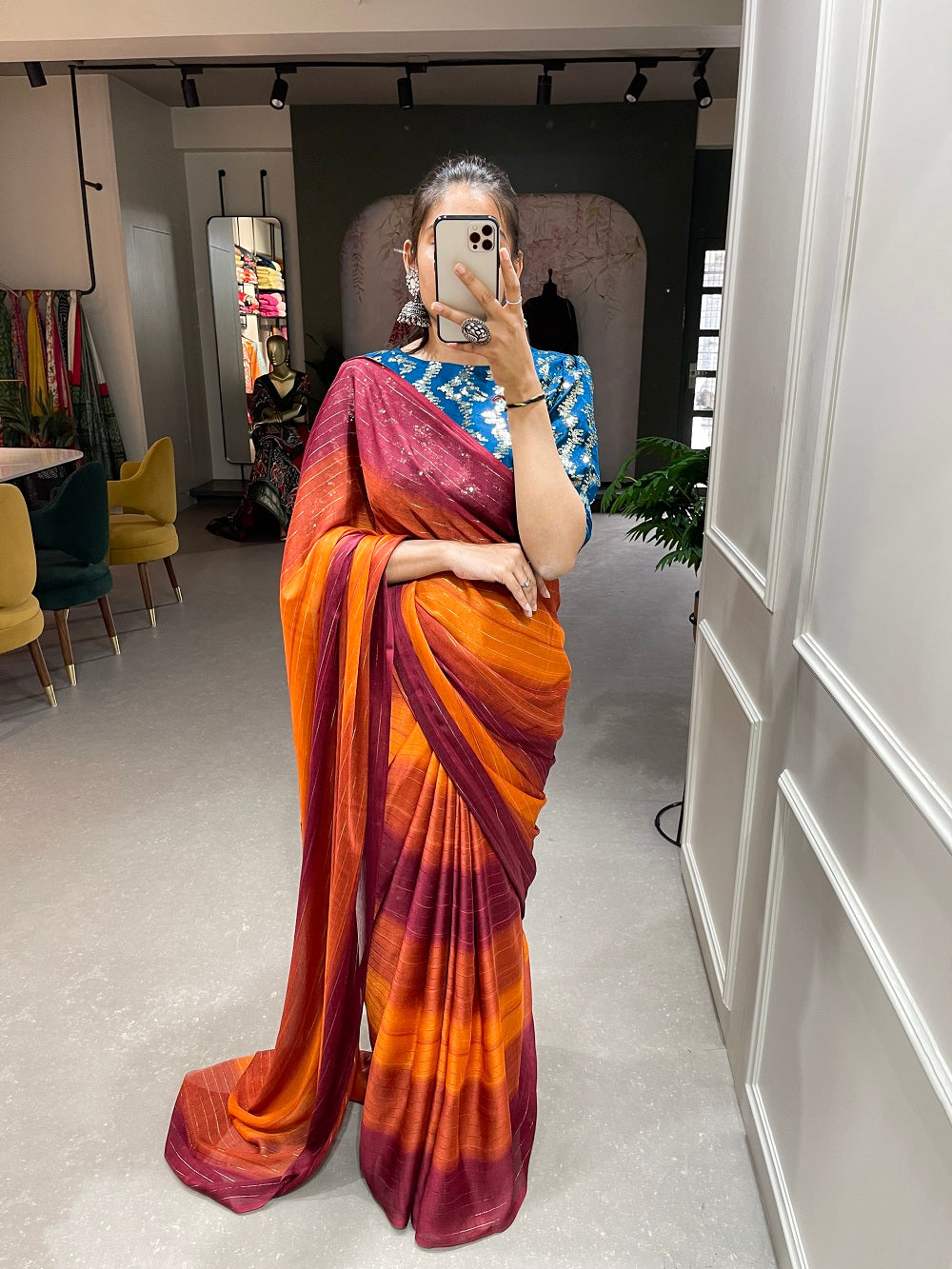Orange Color Zari Lining Work Rangoli Padding Saree