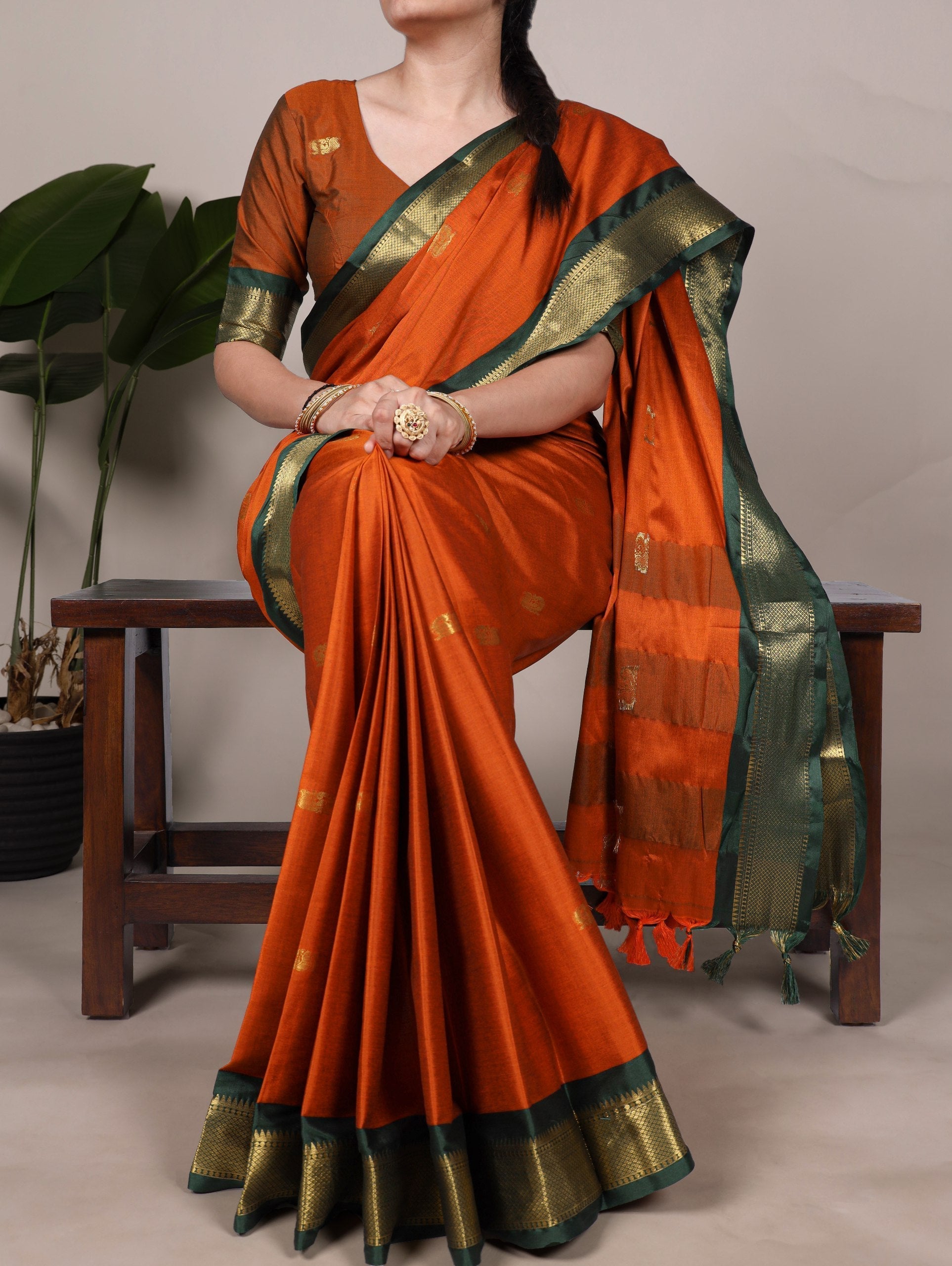 Orange Cotton Silk Saree with Paithani Weaving Work & Matching Blouse