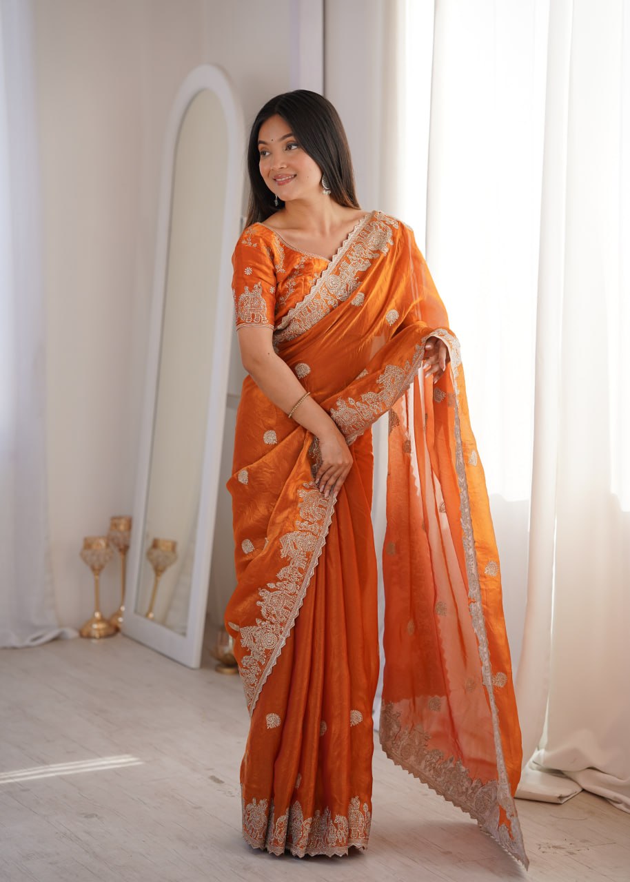 Orange Designer Fendy Crush Saree