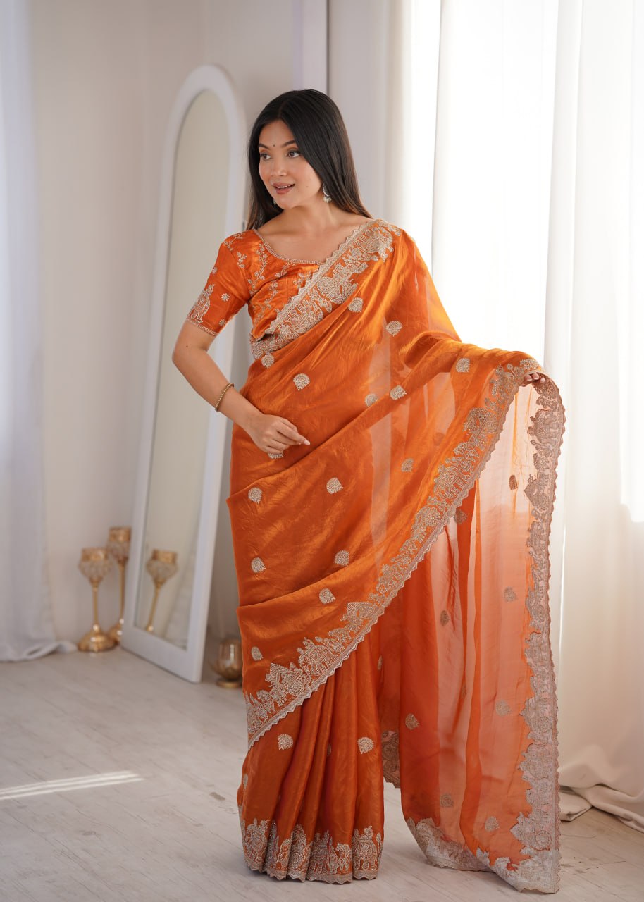 Orange Designer Fendy Crush Saree