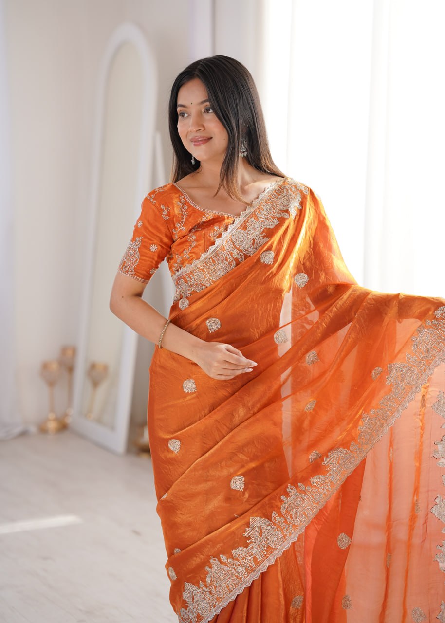 Orange Designer Fendy Crush Saree