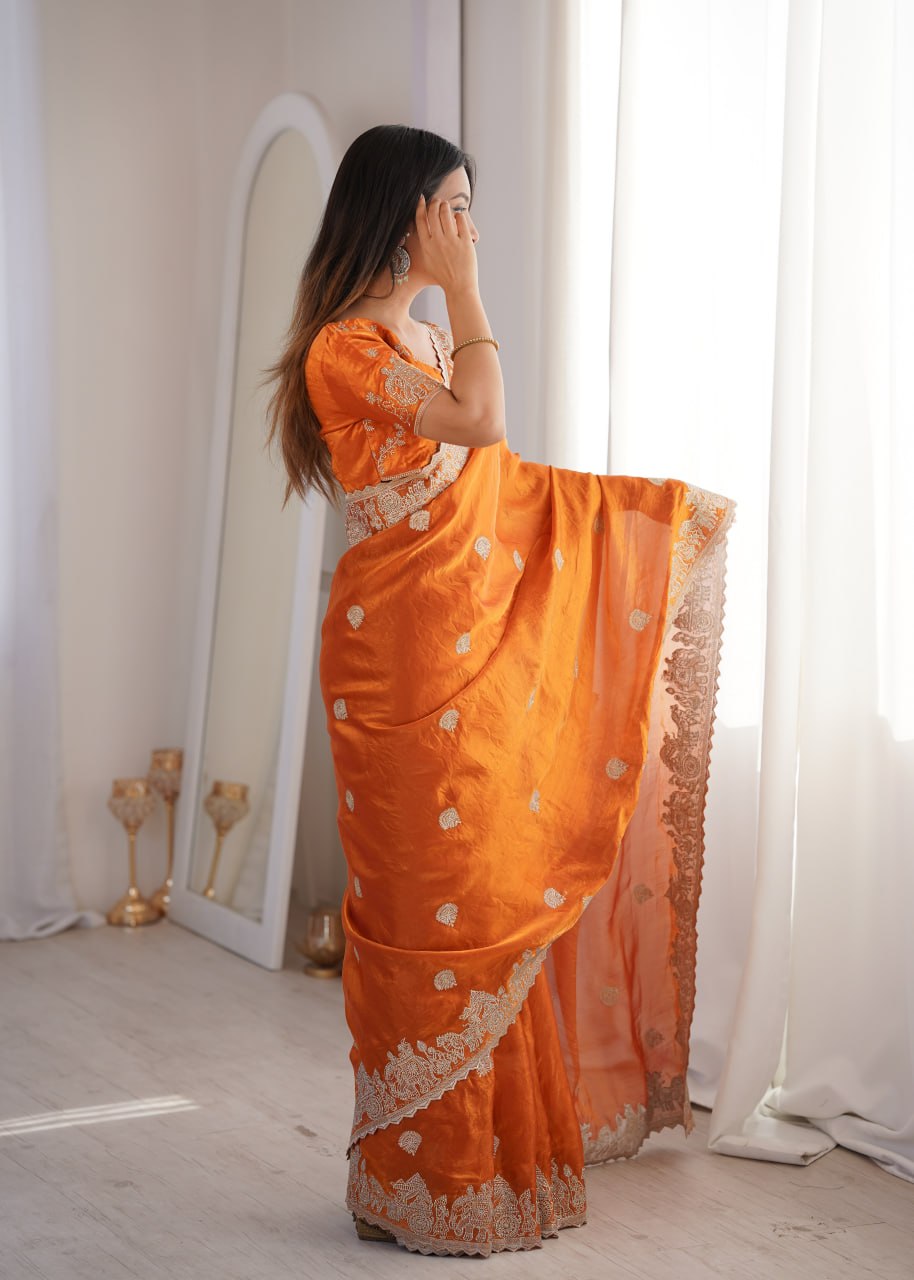 Orange Designer Fendy Crush Saree
