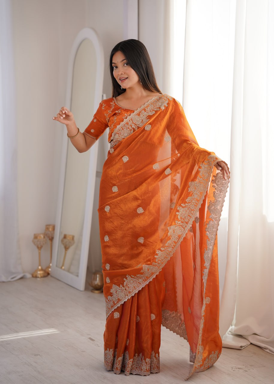 Orange Designer Fendy Crush Saree