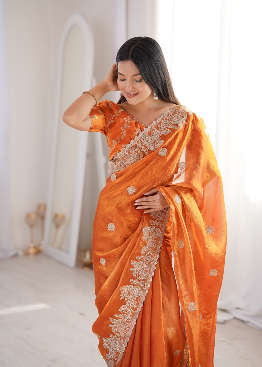 Orange Designer Fendy Crush Saree
