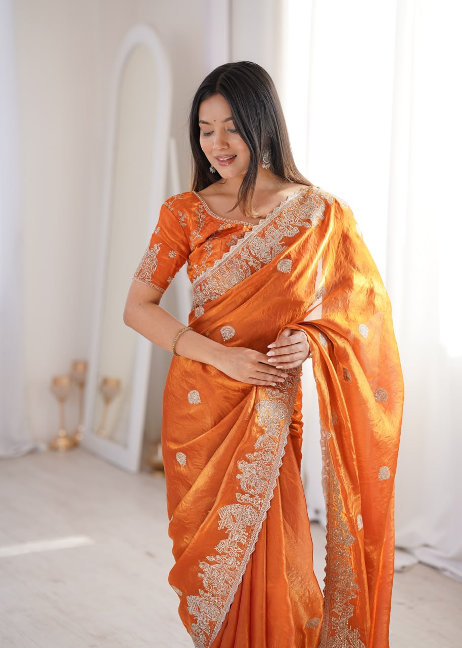 Orange Designer Fendy Crush Saree
