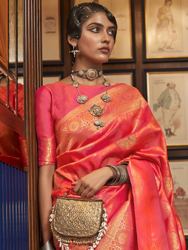 Orange Elegant Banarasi Silk Blend Saree with Unstitched Blouse Piece