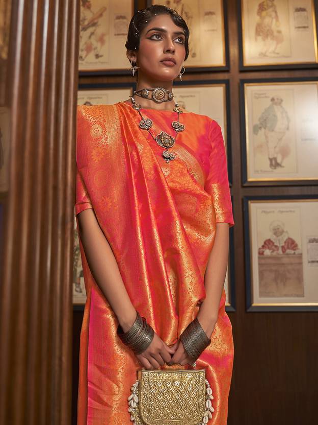 Orange Elegant Banarasi Silk Blend Saree with Unstitched Blouse Piece