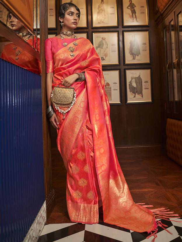 Orange Elegant Banarasi Silk Blend Saree with Unstitched Blouse Piece