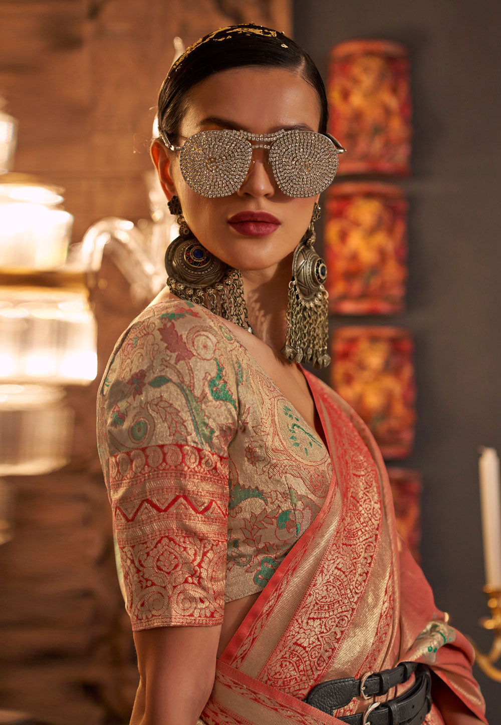 Orange Elegant Banarasi Silk Blend Saree with Woven Design & Tassel Detailing