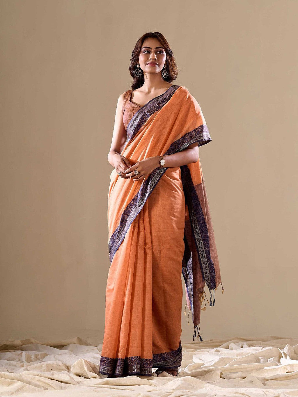 Orange Elegant Banarasi Silk Blend Saree with Zari Woven Border