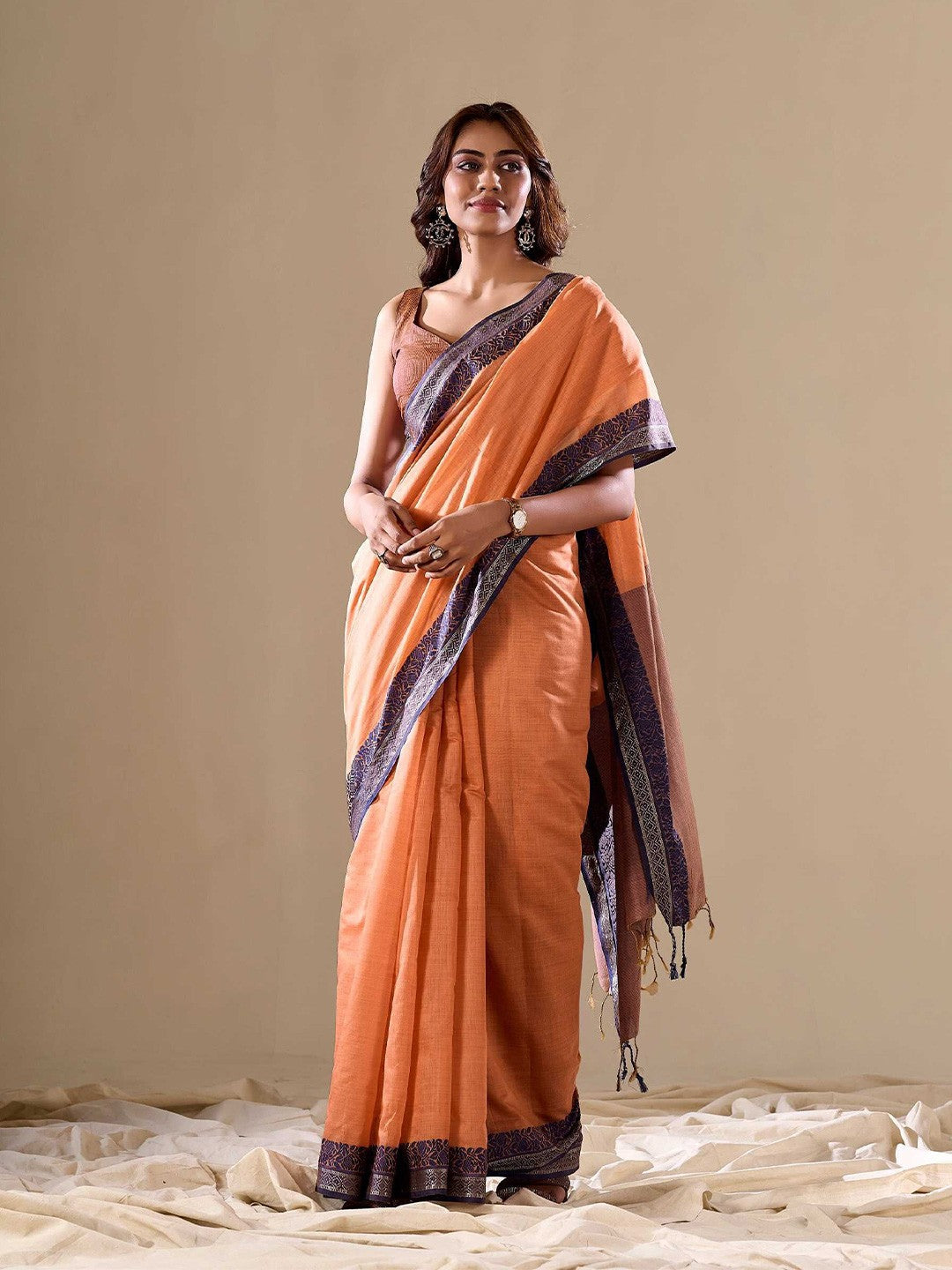 Orange Elegant Banarasi Silk Blend Saree with Zari Woven Border