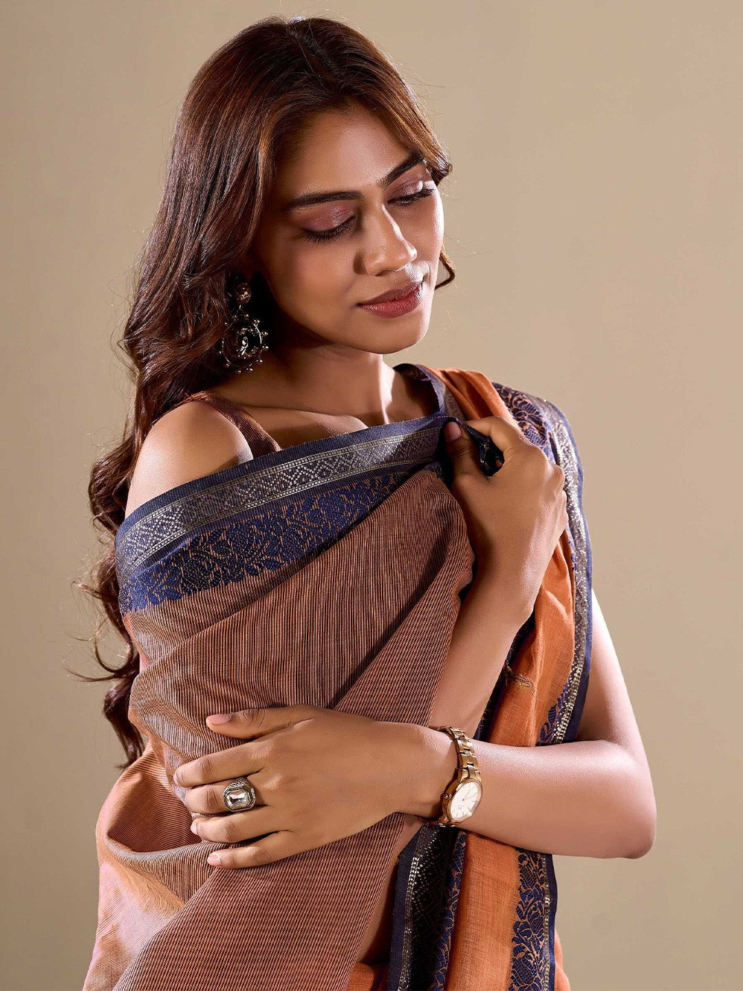 Orange Elegant Banarasi Silk Blend Saree with Zari Woven Border