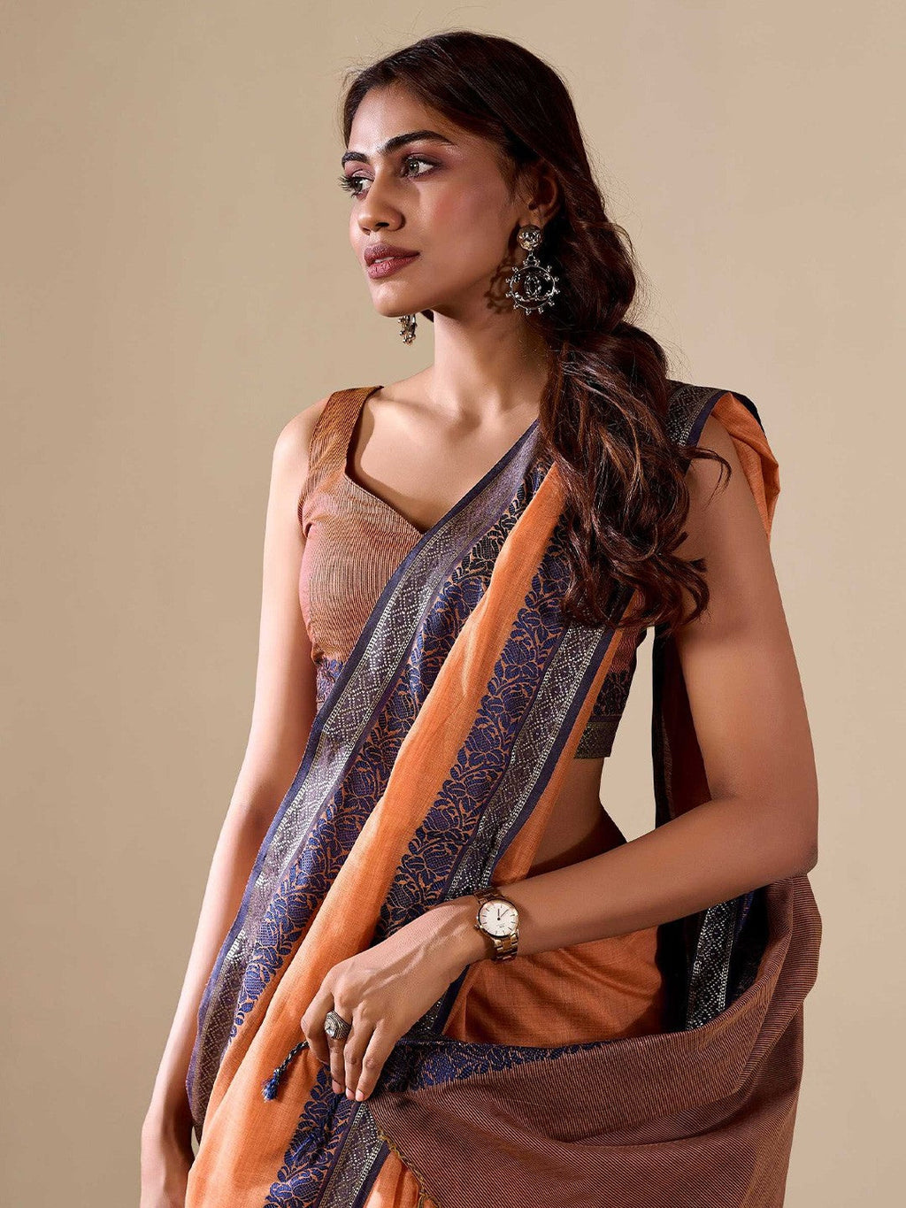 Orange Elegant Banarasi Silk Blend Saree with Zari Woven Border