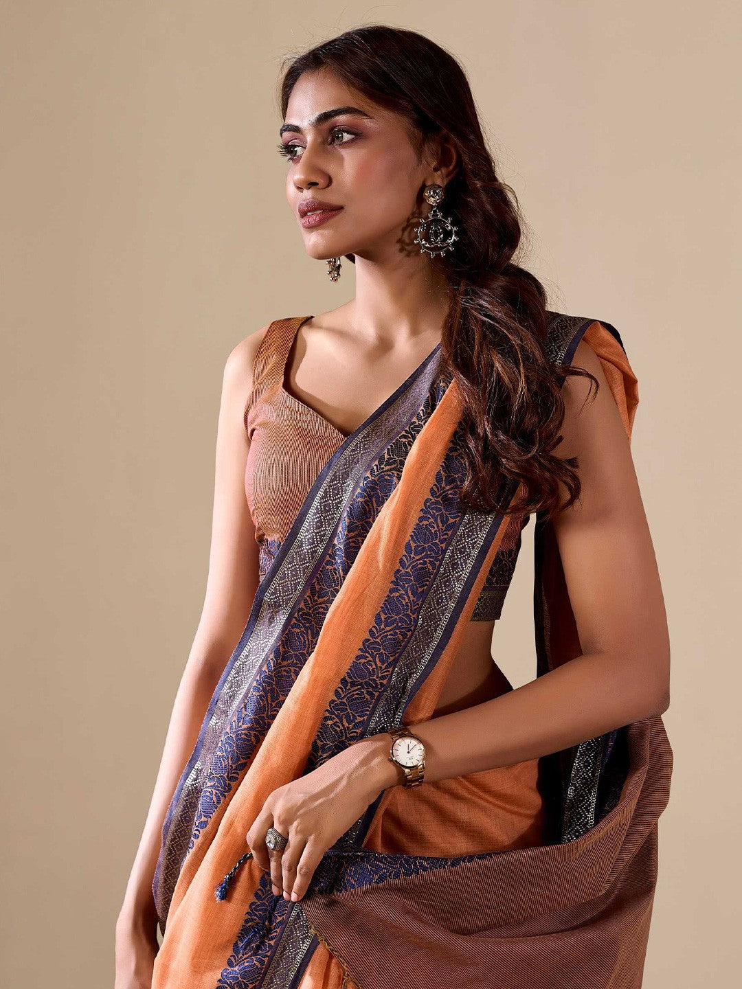 Orange Elegant Banarasi Silk Blend Saree with Zari Woven Border