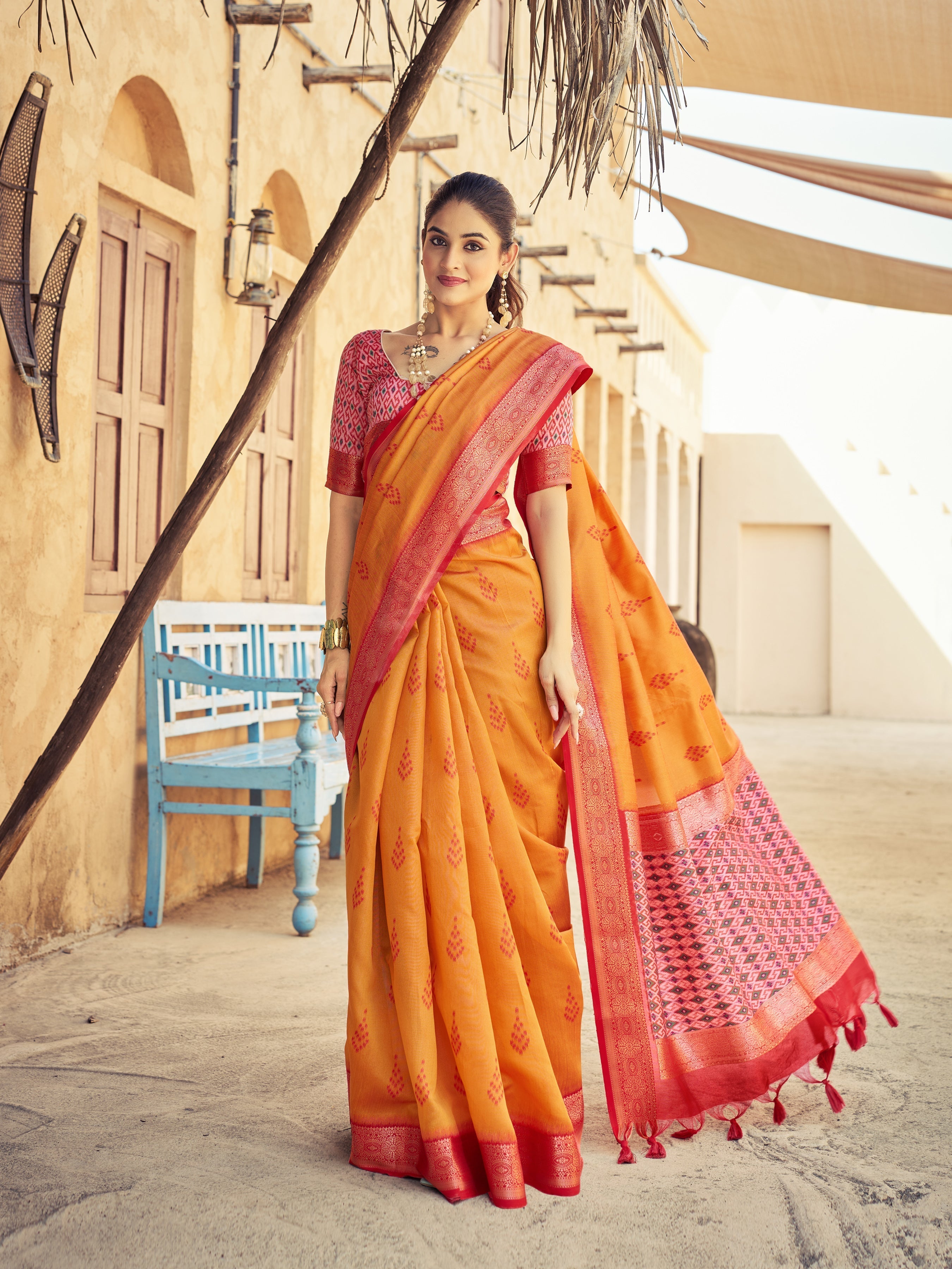 Orange Elegant Banarasi Silk Blend Saree with Zari Woven Design