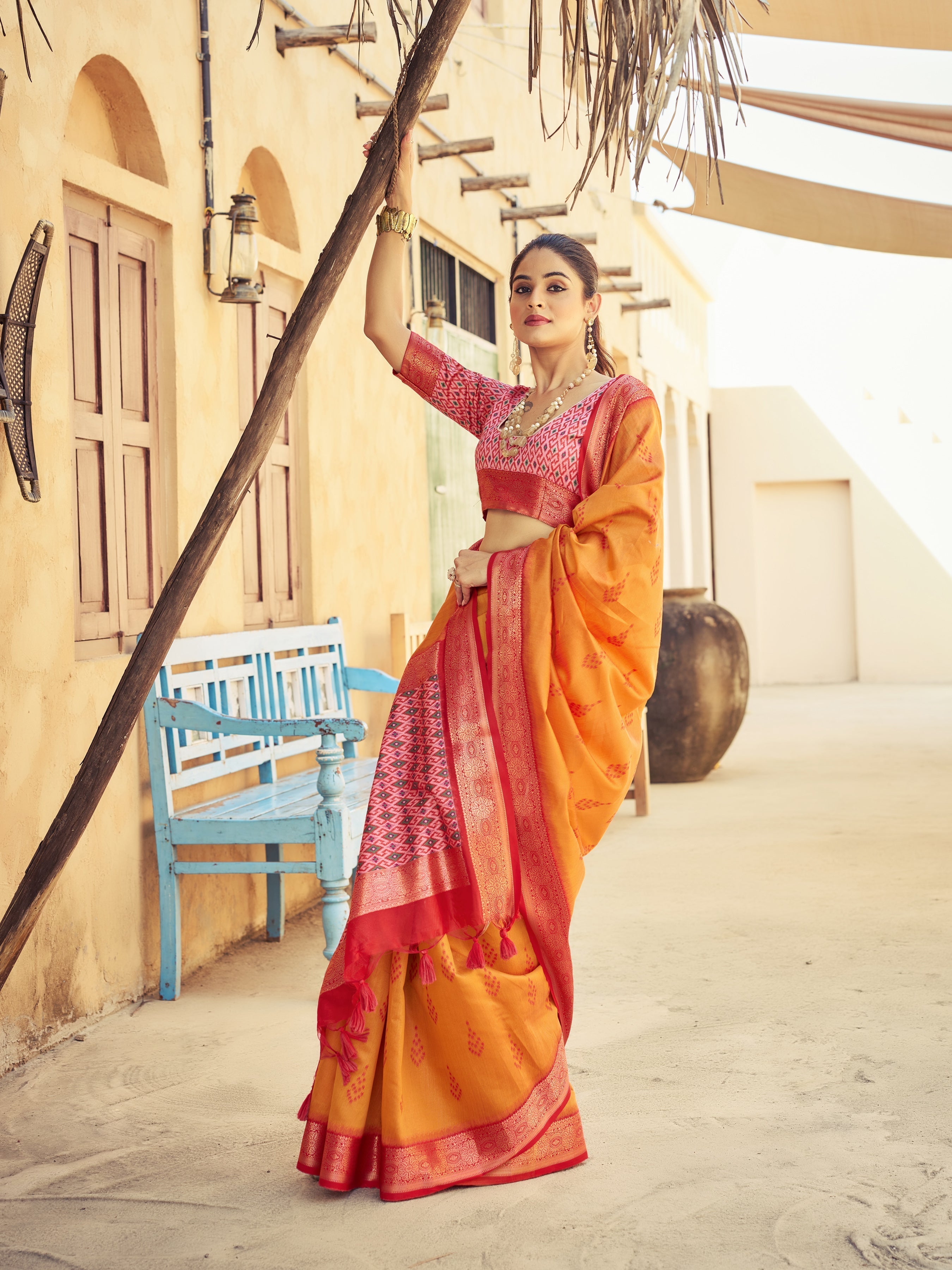 Orange Elegant Banarasi Silk Blend Saree with Zari Woven Design