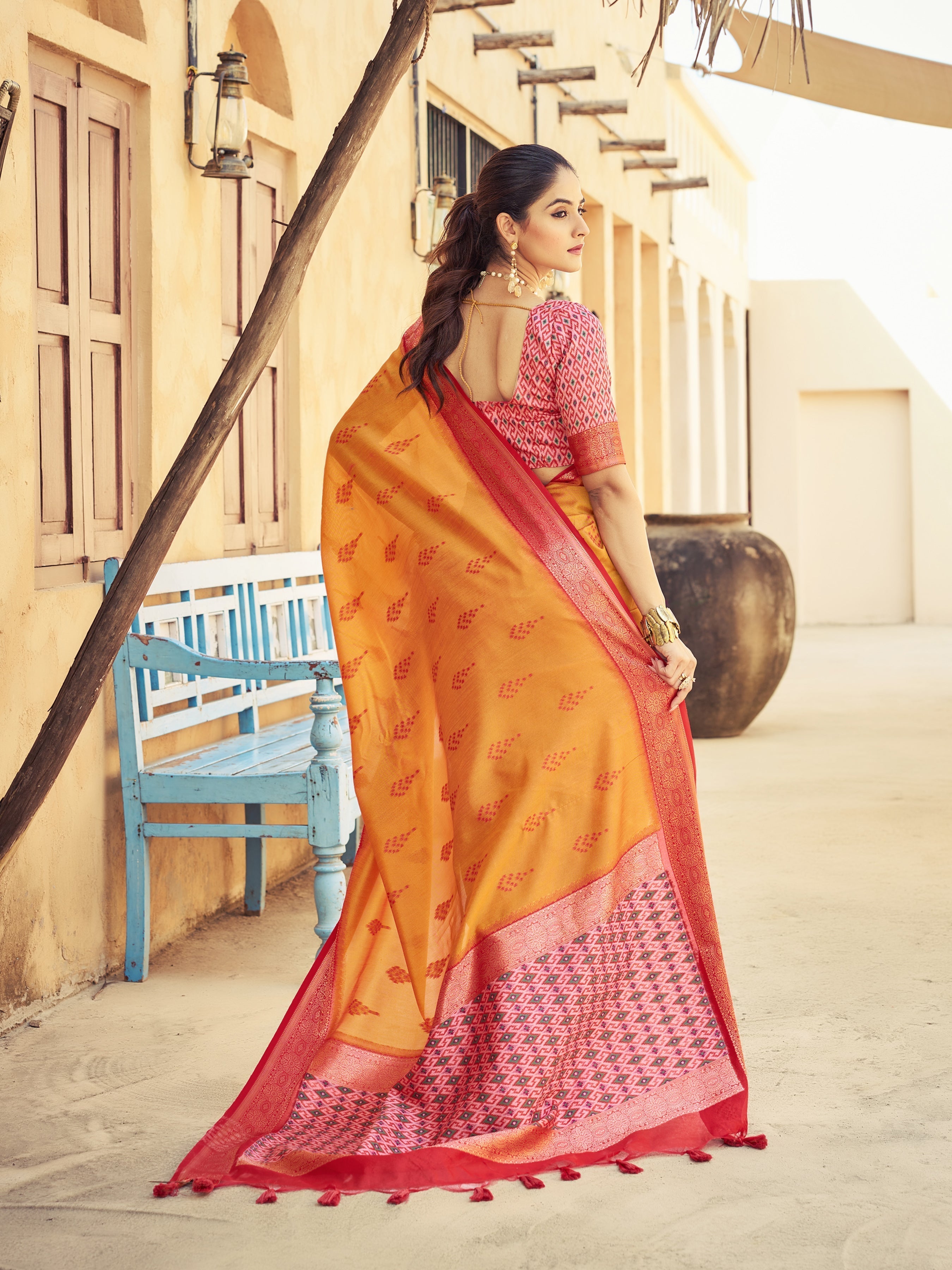 Orange Elegant Banarasi Silk Blend Saree with Zari Woven Design