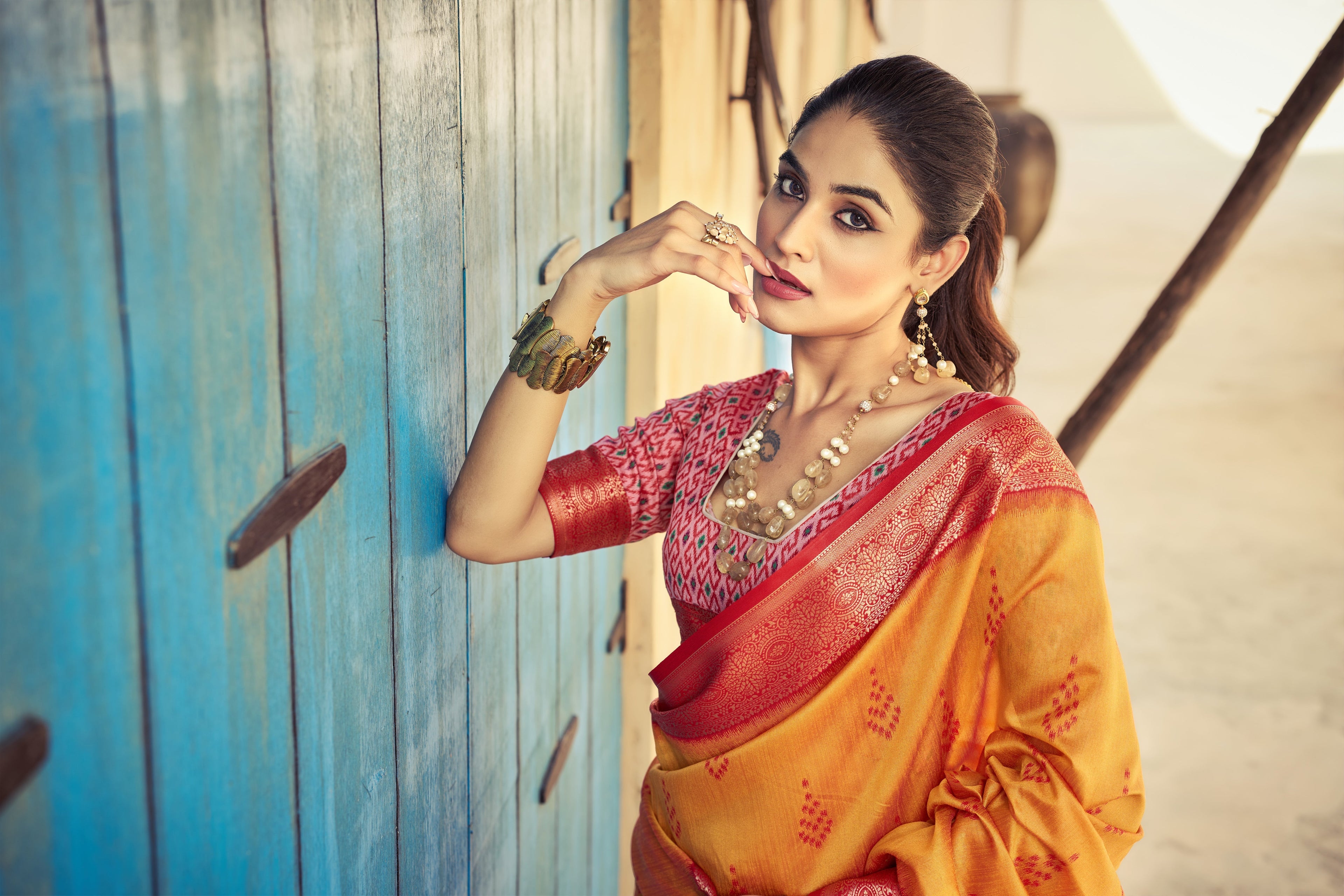 Orange Elegant Banarasi Silk Blend Saree with Zari Woven Design