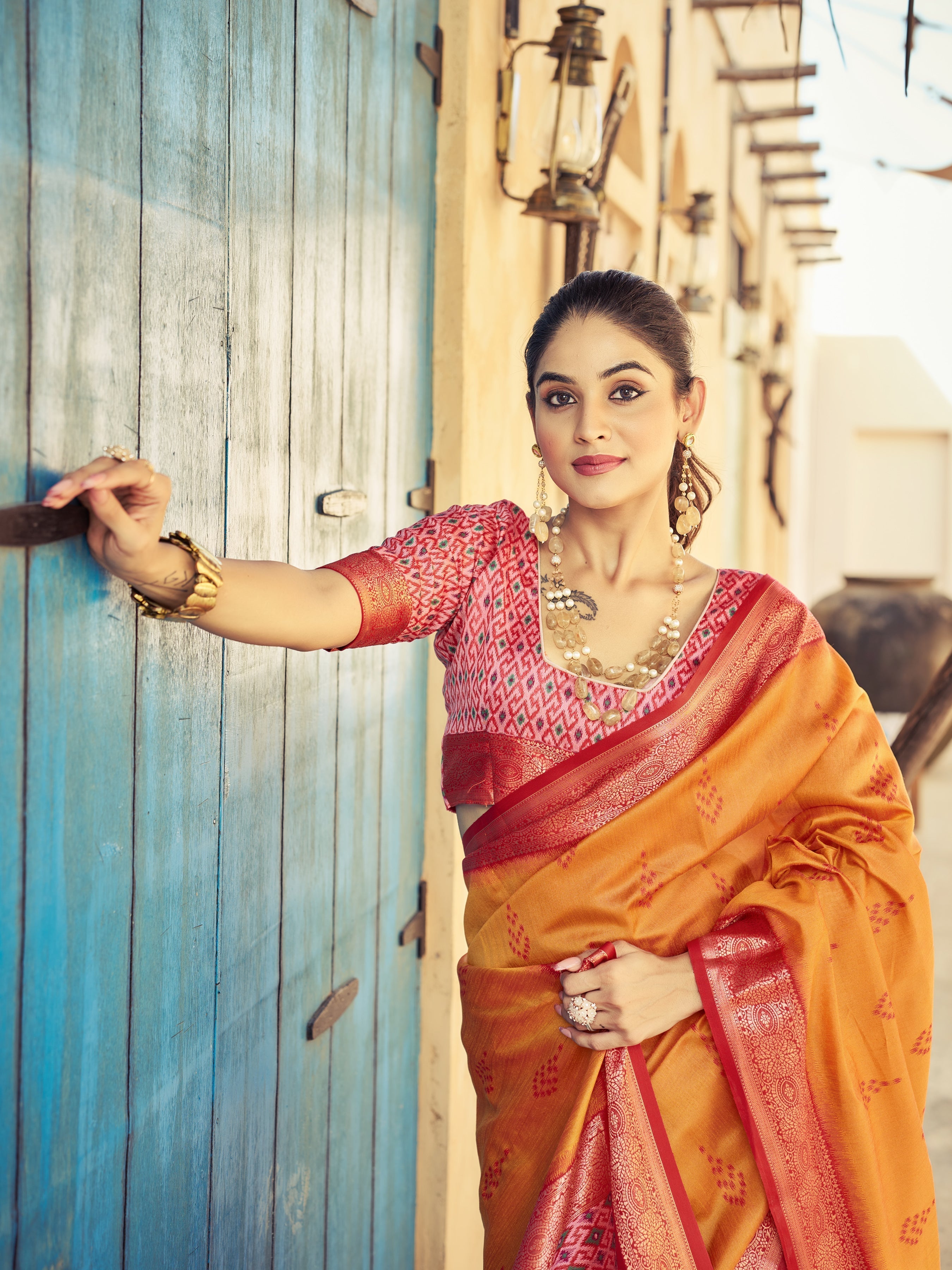 Orange Elegant Banarasi Silk Blend Saree with Zari Woven Design