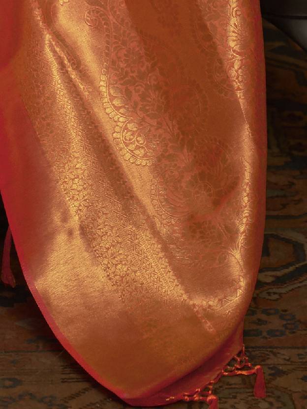 Orange Elegant Kanjivaram Kanchipuram Silk Saree Traditional Grace