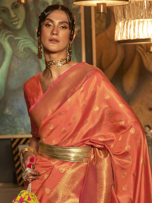 Orange Elegant Kanjivaram Kanchipuram Silk Saree Traditional Grace