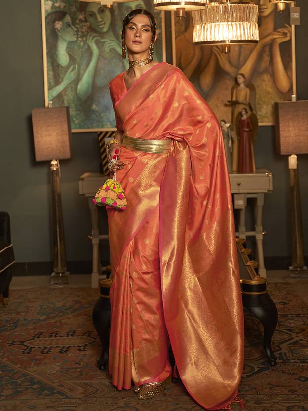 Orange Elegant Kanjivaram Kanchipuram Silk Saree Traditional Grace