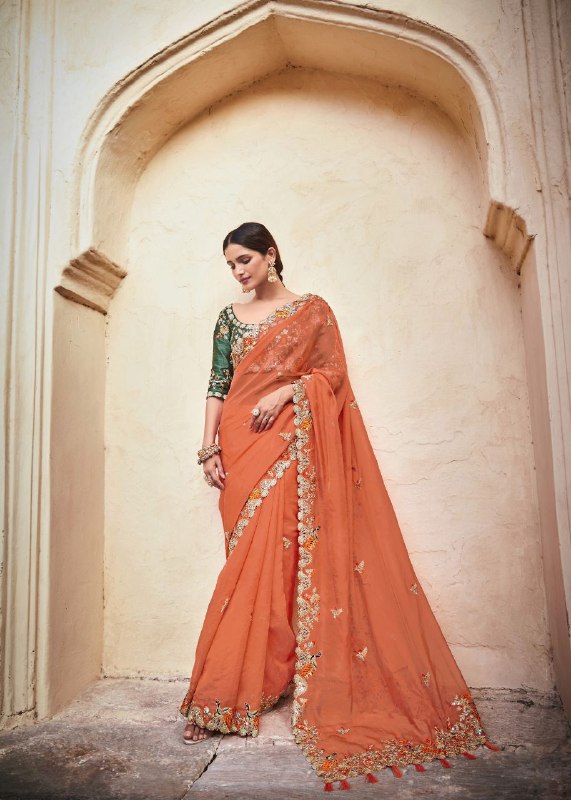 "Orange Elegant Organza Saree with Zari, Dori & Real Mirror Work | Unstitched Bangalori Silk Blouse"