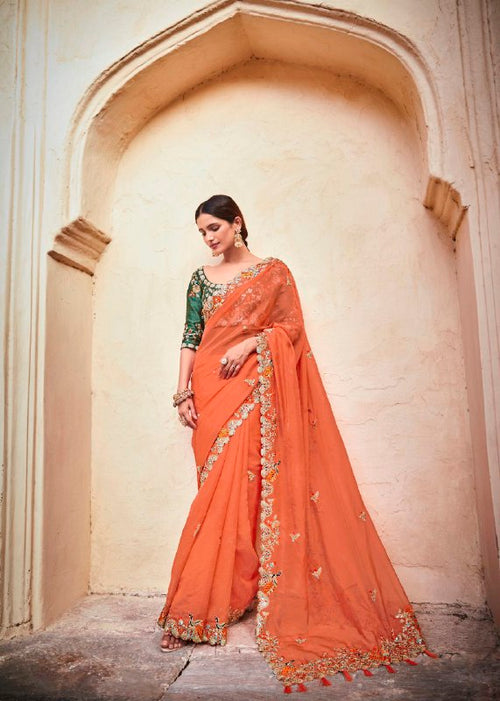 "Orange Elegant Organza Saree with Zari, Dori & Real Mirror Work | Unstitched Bangalori Silk Blouse"