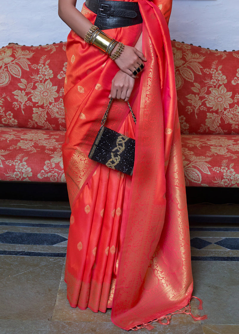 Orange Elegant Printed Chanderi Silk Blend Saree with Tassel Detailing