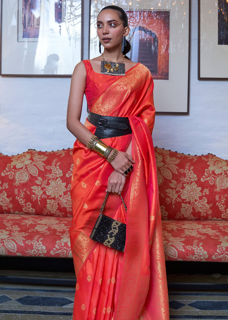 Orange Elegant Printed Chanderi Silk Blend Saree with Tassel Detailing