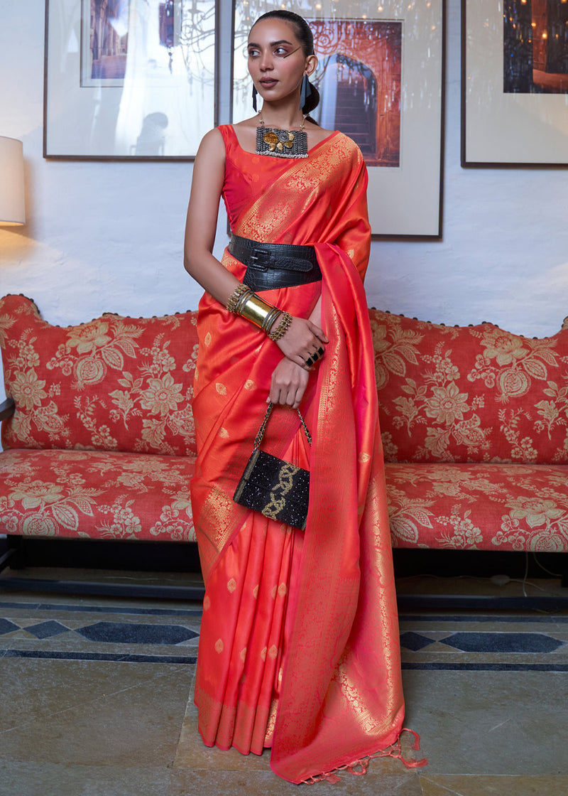 Orange Elegant Printed Chanderi Silk Blend Saree with Tassel Detailing