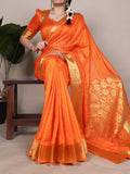Orange Elegant Raw Silk Saree with Zari Weaving Work