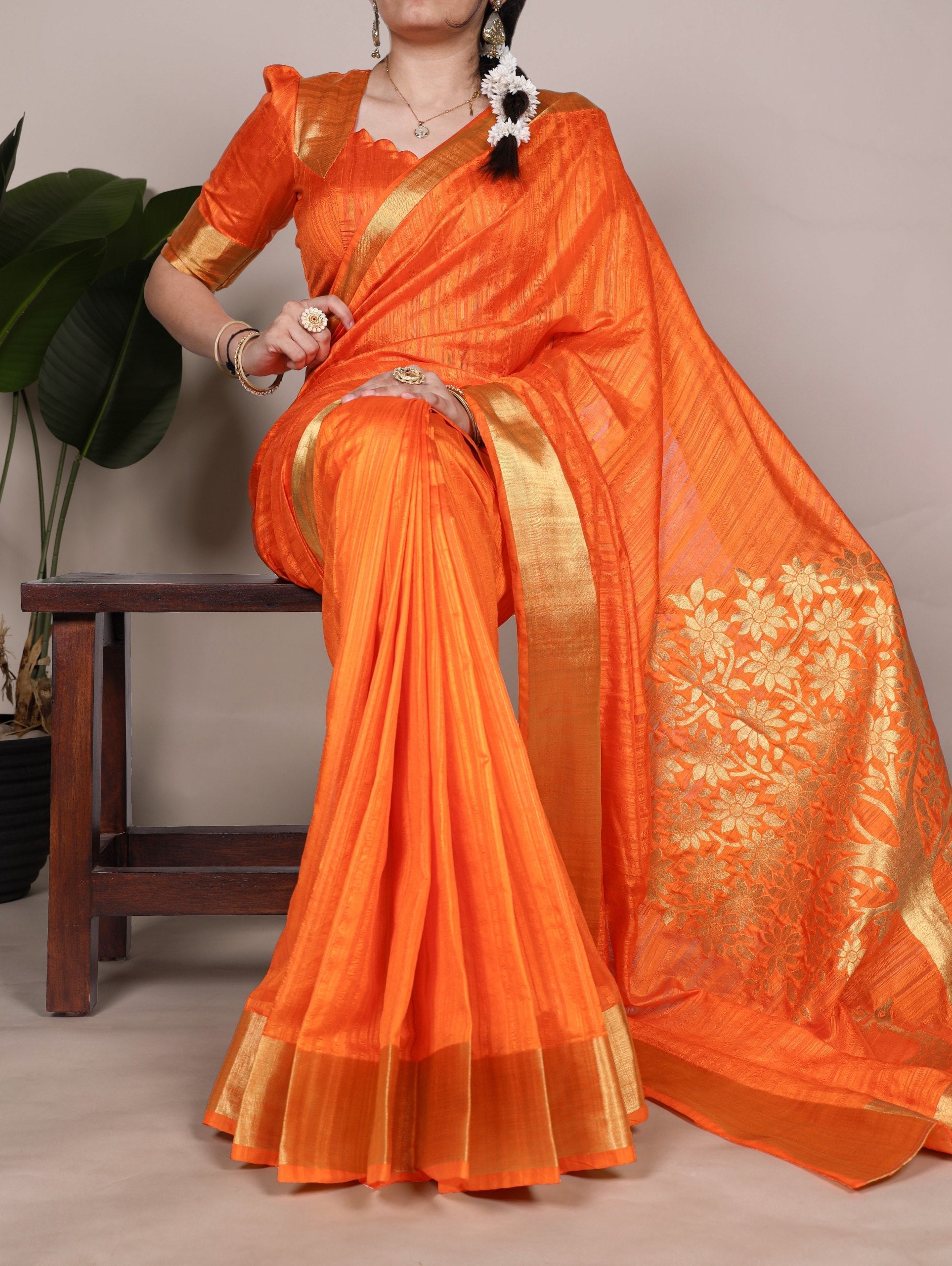 Orange Elegant Raw Silk Saree with Zari Weaving Work