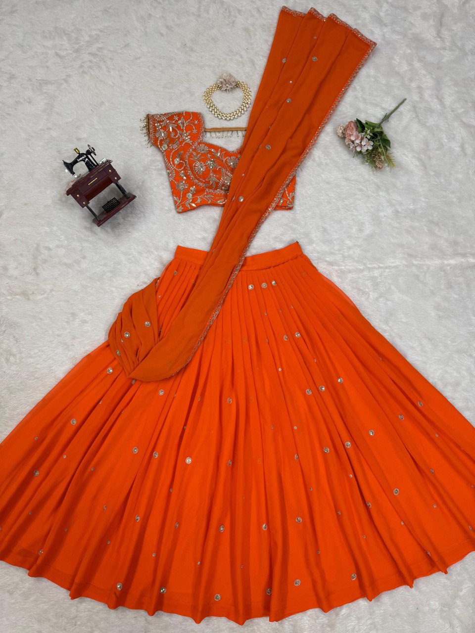 Orange Elegant Ruffle-Style Lehenga Saree with Sequins & Thread Work