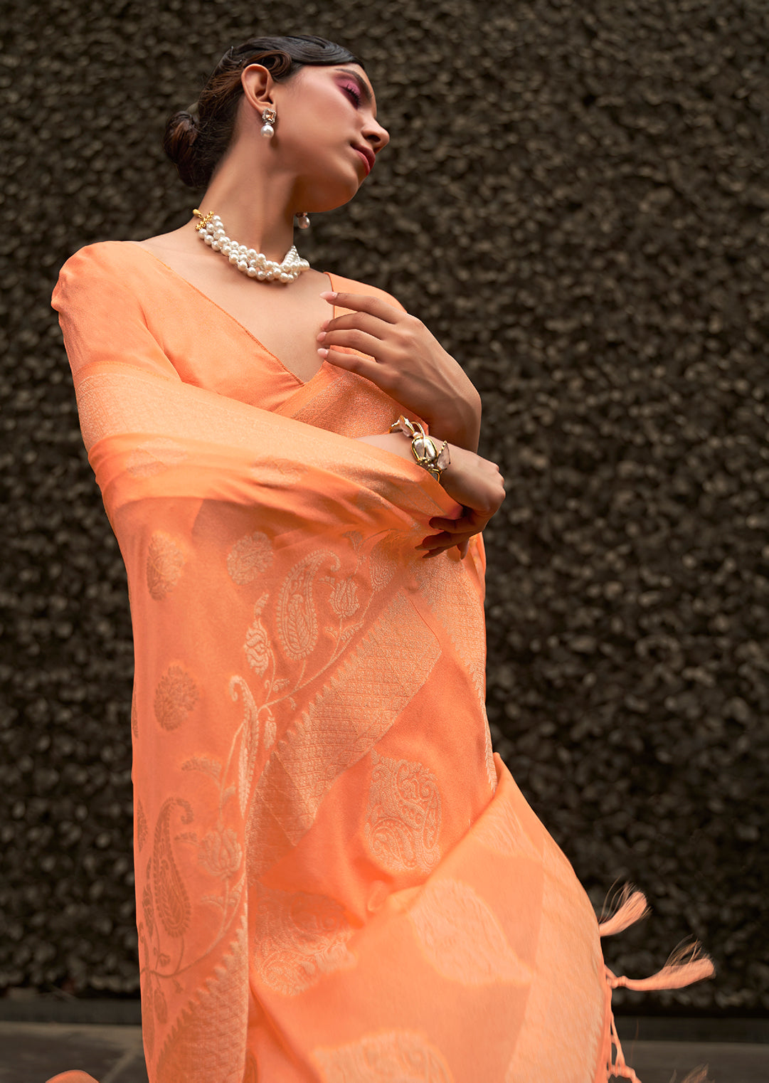 Orange Elegant Silk Blend Banarasi Saree with Unstitched Blouse Piece