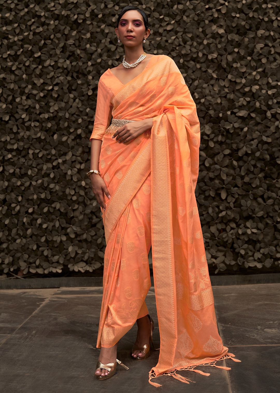 Orange Elegant Silk Blend Banarasi Saree with Unstitched Blouse Piece