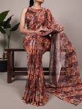 Orange Elegant Weightless Marbal Floral Print Saree with Matching Blouse � Unstitched Ensemble