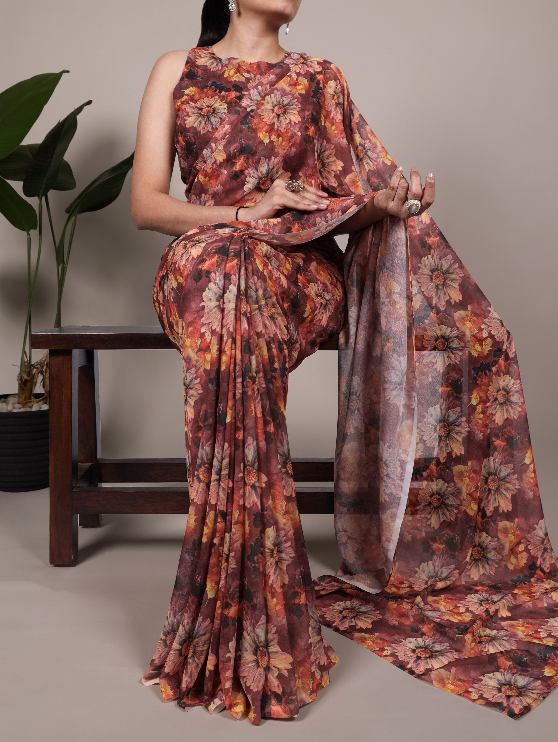 Orange Elegant Weightless Marbal Floral Print Saree with Matching Blouse � Unstitched Ensemble