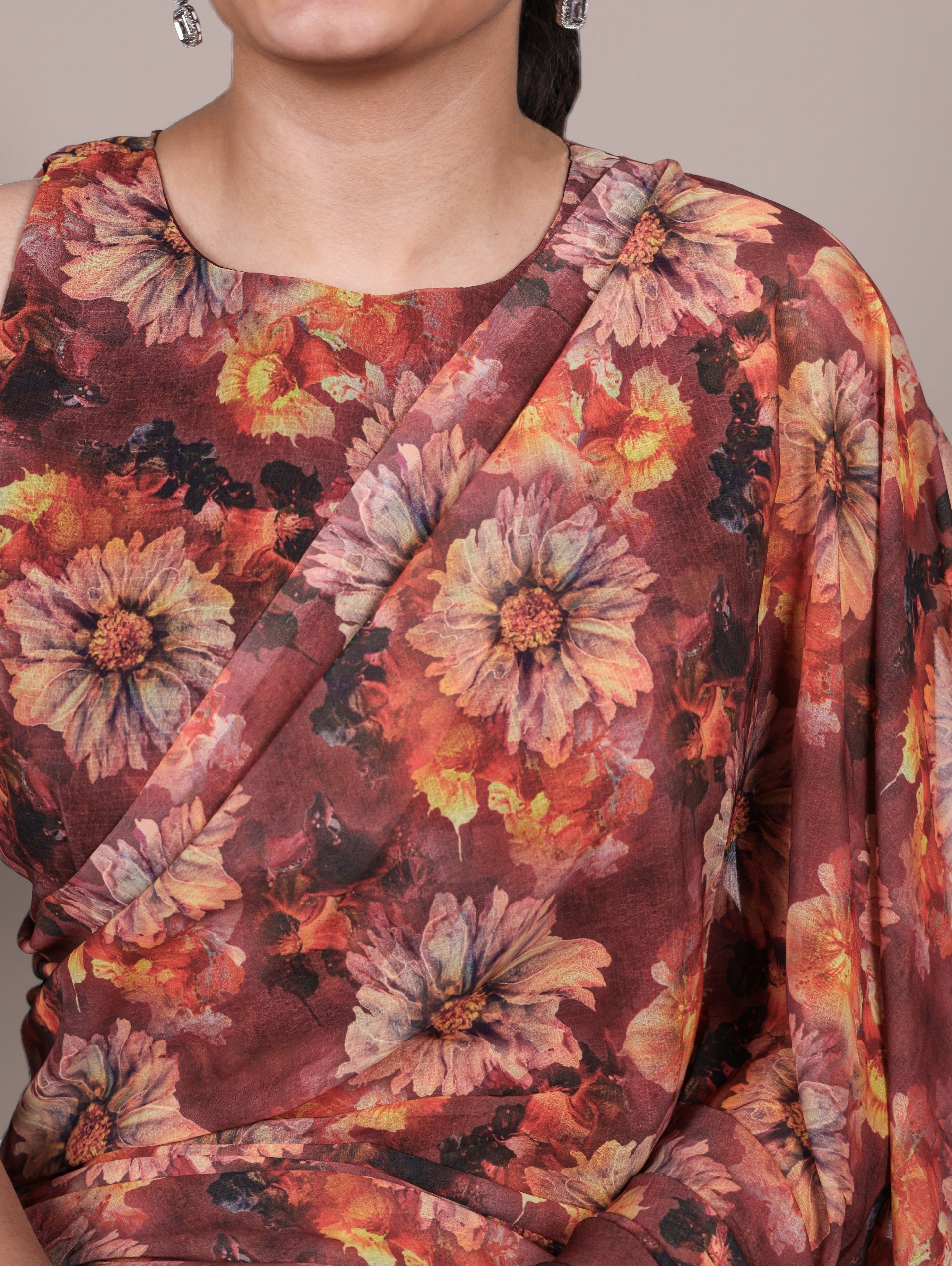 Orange Elegant Weightless Marbal Floral Print Saree with Matching Blouse � Unstitched Ensemble