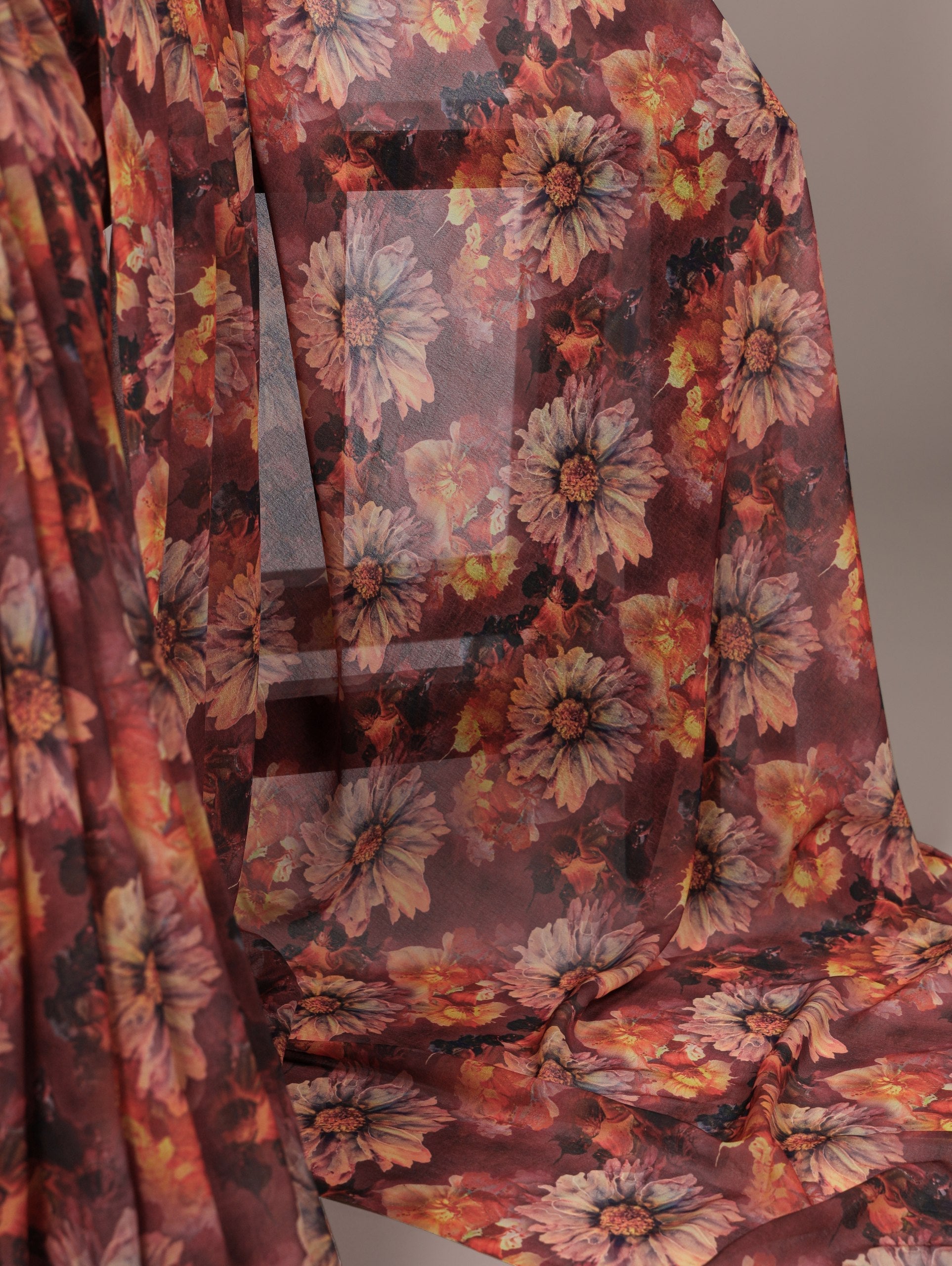 Orange Elegant Weightless Marbal Floral Print Saree with Matching Blouse � Unstitched Ensemble