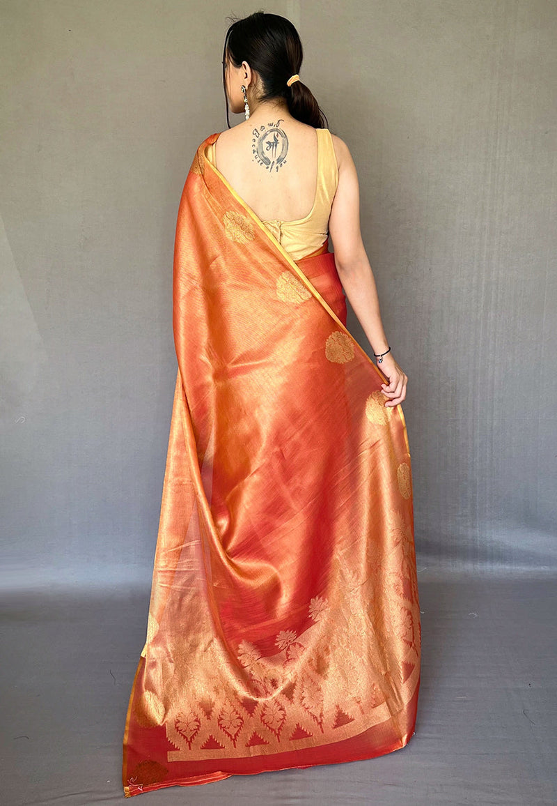 Orange Elegant Woven Tissue Silk Saree with Gold Accents Party & Festive Wear