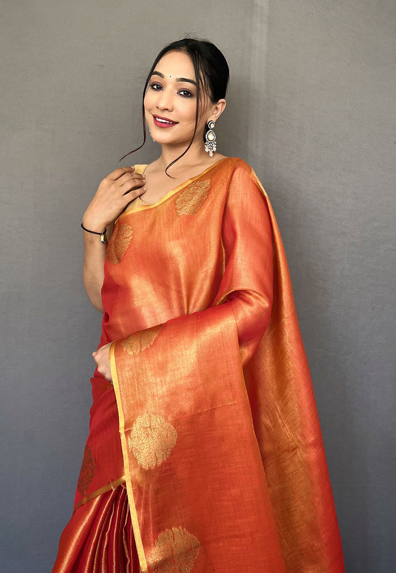 Orange Elegant Woven Tissue Silk Saree with Gold Accents Party & Festive Wear