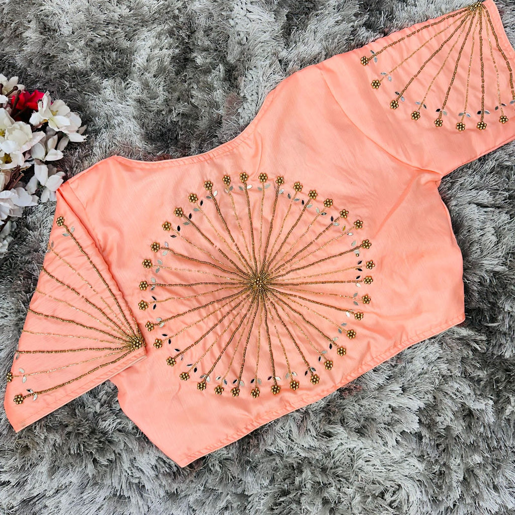 Orange Handcrafted tumtum silk Golden Blouse with Ambla Mirror Accents