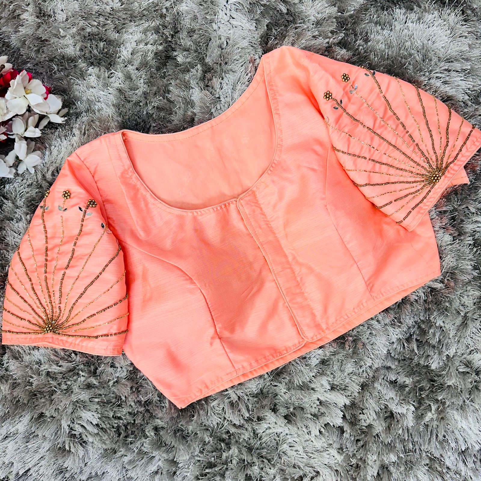 Orange Handcrafted tumtum silk Golden Blouse with Ambla Mirror Accents